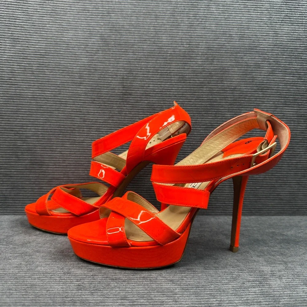 Jimmy Choo‎ Vamp Neon Orange Patent Leather Platform Sandals Stiletto Heels 38